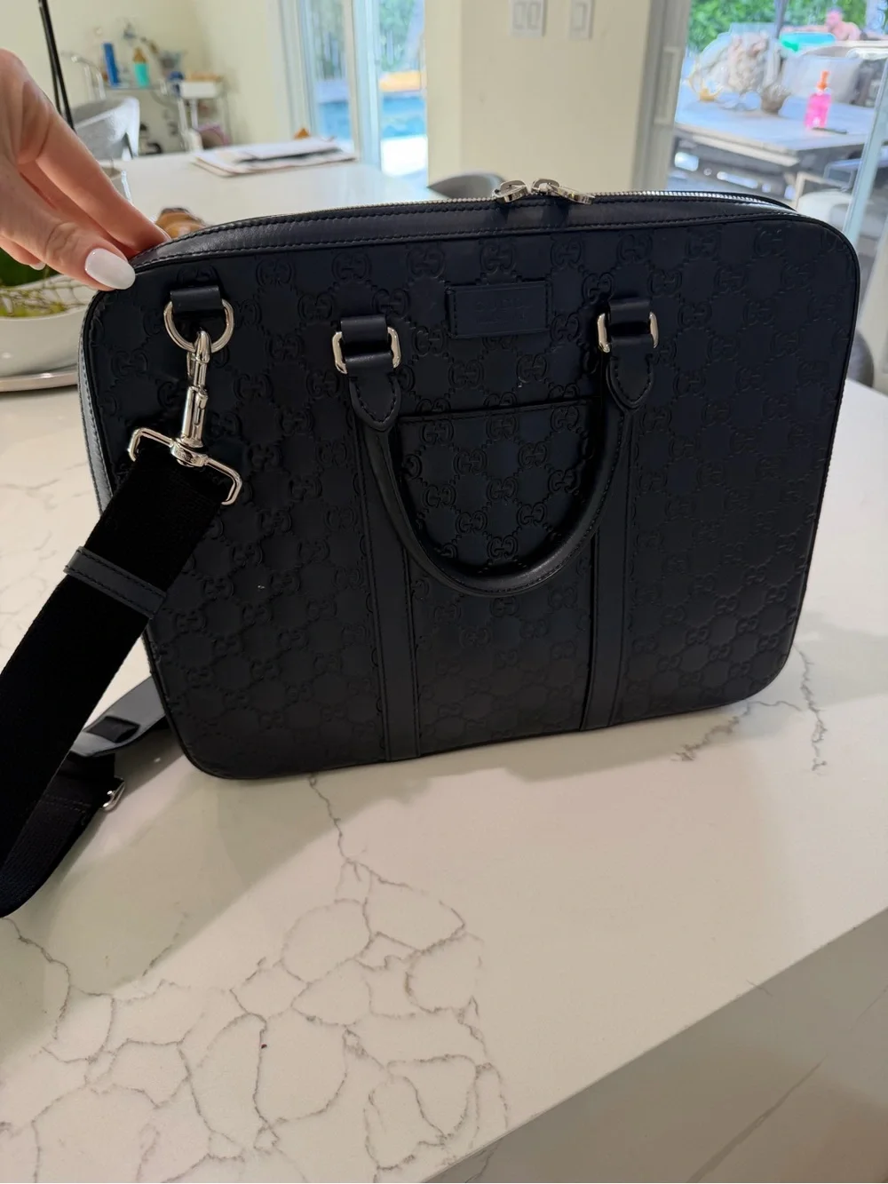 Gucci Black Embossed Signature Laptop Briefcase with Detachable Strap